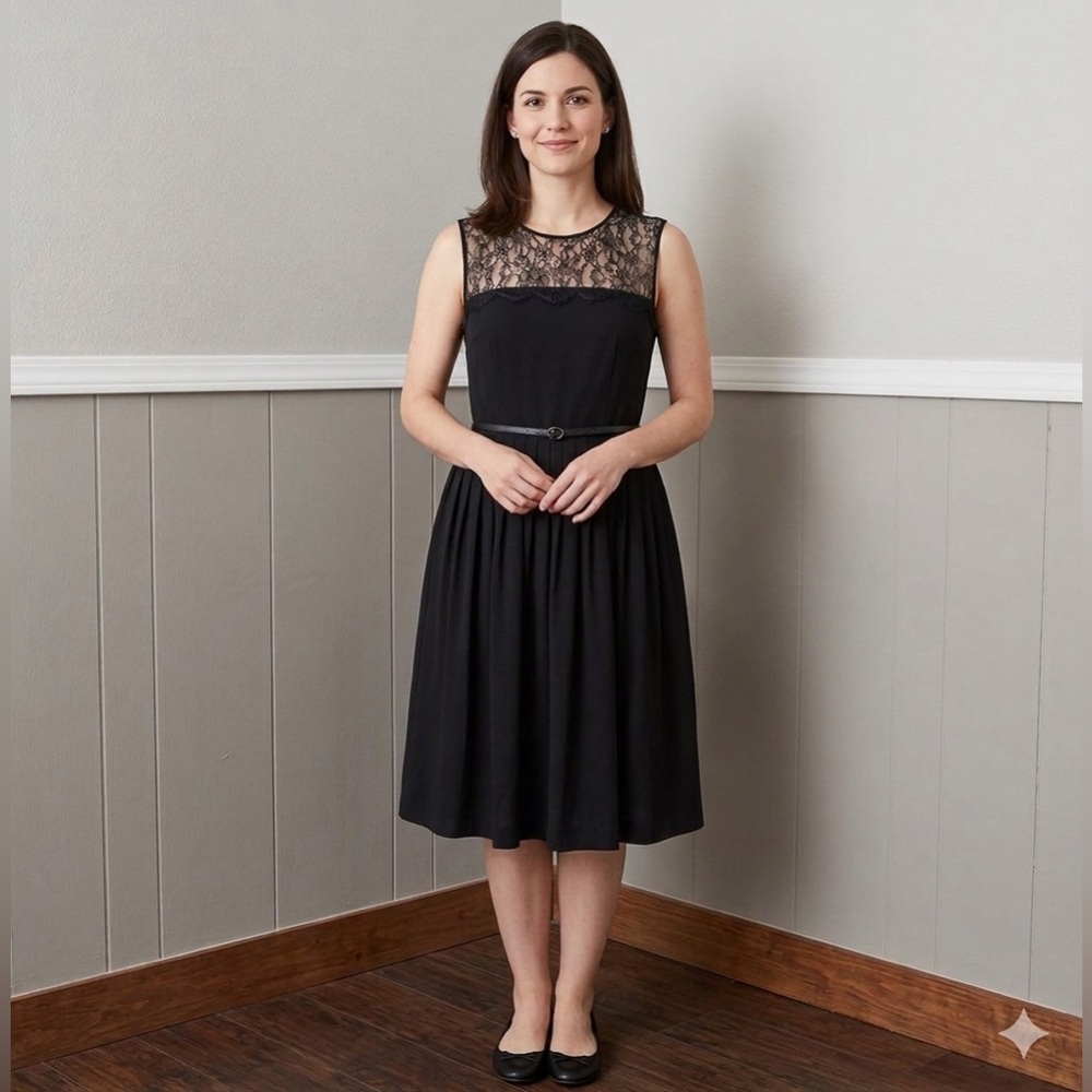 Calvin Klein Black Dress with Lace Top and Belt - Size 8